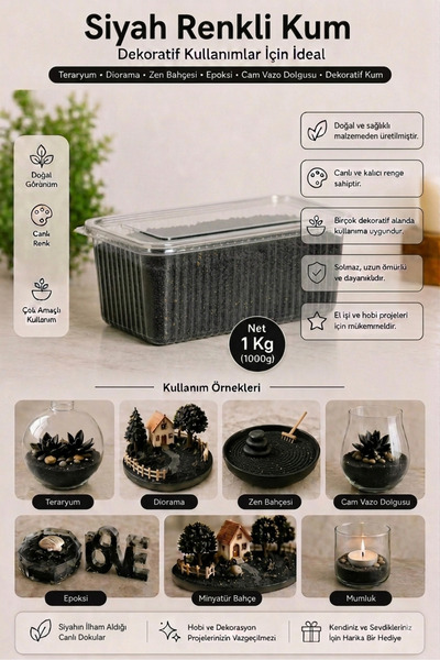 mh toy studio Siyah Renkli Kum 1 Kg Teraryum Diorama Maket Minyatür Bahçe Mum...