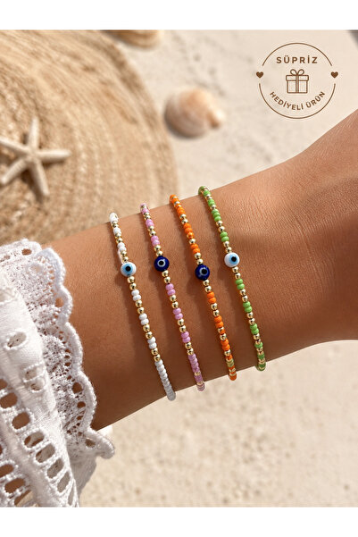 SEZİNİN TAKI DÜKKANI Set of 4 Colorful Evil Eye Bead Details for Women - Mini...