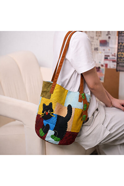 Street Bag حقيبة كتف وحقيبة يد بتصميم كوري لطيف على شكل قطة مزينة بنمط الرسم ...