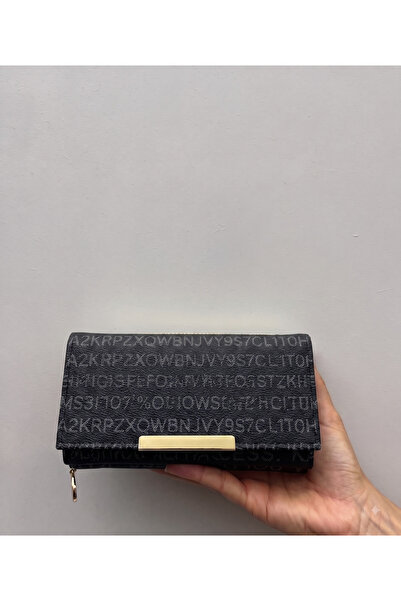 shiny ever Black Gray Soft Leather Women's Wallet Handbag with Gold Detail