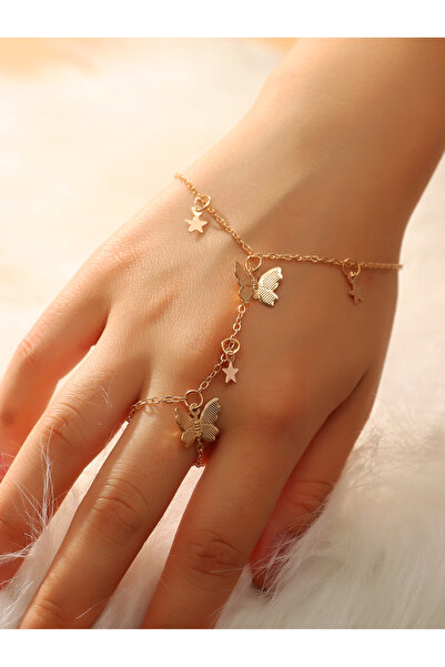 Take Two By Styli Gold Tone Butterfly and Stars Charm Ring Bracelet