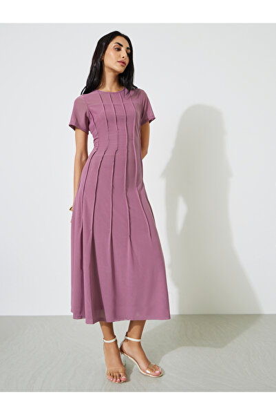 Styli Lilac Pintucks Detail Short Sleeves A-Line Midi Dress
