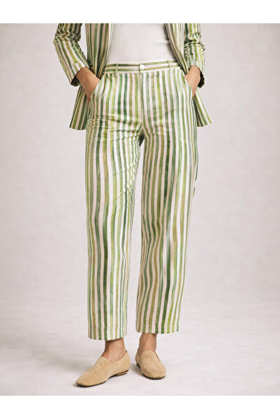 Sassafras By Styli Green Linen Striped Darted Slouchy Pants