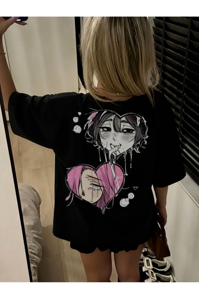 Generic Brand Anime Style Two Heart - Shaped Characters,crew neck,back to sch...