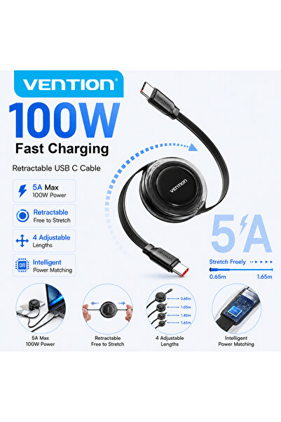 Choice 1m PD100W Vention 100W Type C Cable Retractable Cable for iPhone 17 16...