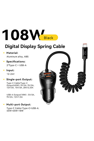 Choice ESSAGER Black Essager 108W Car Charger with USB-C & USB-A Ports PD QC4...