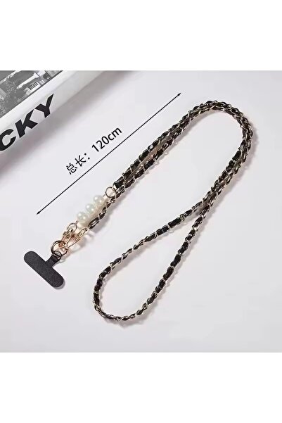 Choice Black Phone Lanyard Women's Long Leather Woven Metal Chain with Pearl ...