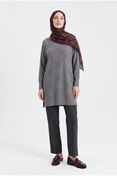 Armine Trend Reglan Kol Desenli DAR KALIP Soğuk İplik Triko Tunik-90 CM