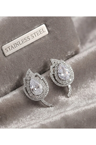 stainless steell أقراط نموذجية على شكل ورقة من النحاس الفضي اللون مع حجر الزركون