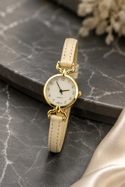 GANYMET Boffy Women's Wristwatch Cream Leather Band Gold Case Minimal Vintage...