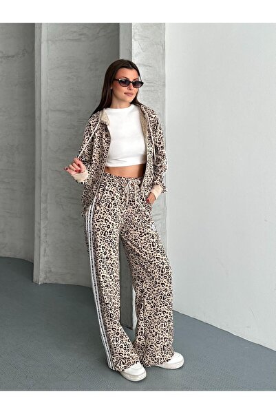 mylunessa Beige Leopard Patterned Oversize Long Sleeve Tracksuit Set with Zipper on the Front