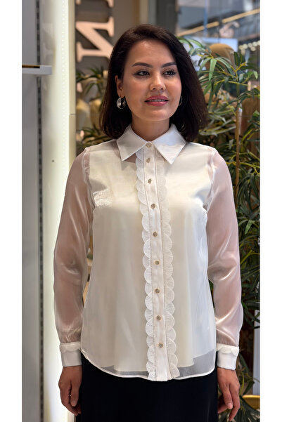 DAWN LİNE 2 Pieces Women's Light Shiny Sparkle Shirt Blouse Set with Ruffle D...