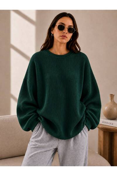 oneoff Women's Oversize Ribbed Knit Sweater Crew Neck Loose Long Sleeve Comfo...
