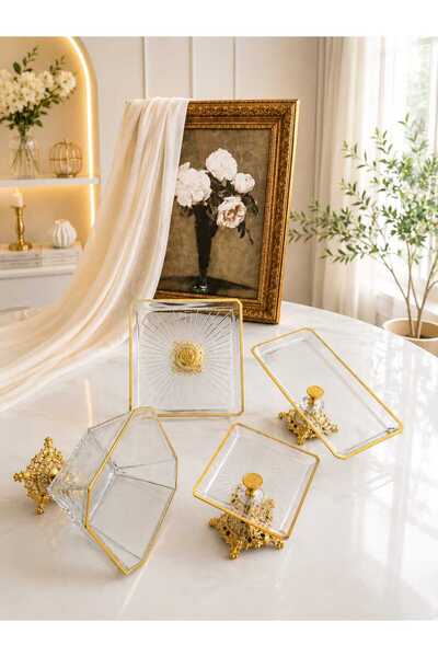 Buldem Glass Presentation Set with Stand, Decorative Serving Tray with Gold D...