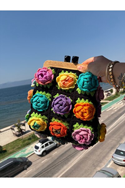 satürn hobi örgü tasarım Large Size Bag with Knitted Rose Motif
