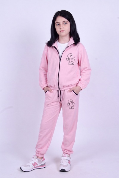 FYK KİDS Girl's Sr Printed Stand Collar Double Pocket Zippered Tracksuit Set
