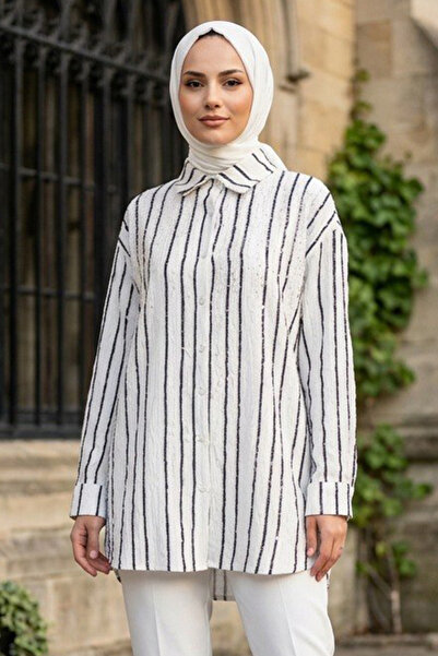 Neva Style Vertikalna prugasta bambusova hijab košulja tamnoplave boje 15360L