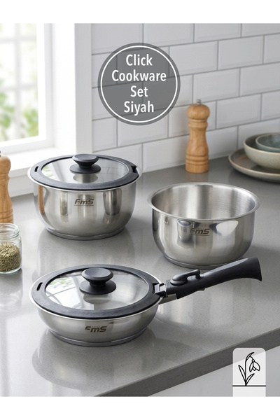 FMS Click Cookware Set Black |   18/10 Stainless Steel |   Removable Handle |...