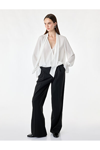 Koton Aerobin Fabric Long Sleeve Scarf Shawl Collar Flowy Satin Oversized Blouse