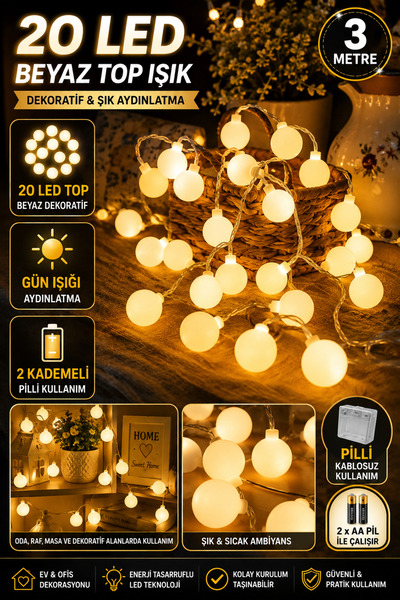 Hane Dostu 3 Metre 20 LED Beyaz Top Dekoratif Işık Pilli Gün Işığı 2 Kademeli...