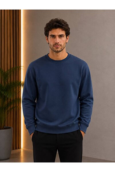 LOADER Blue Color Basic Crew Neck Relaxed Regular Men's Sweatshirt