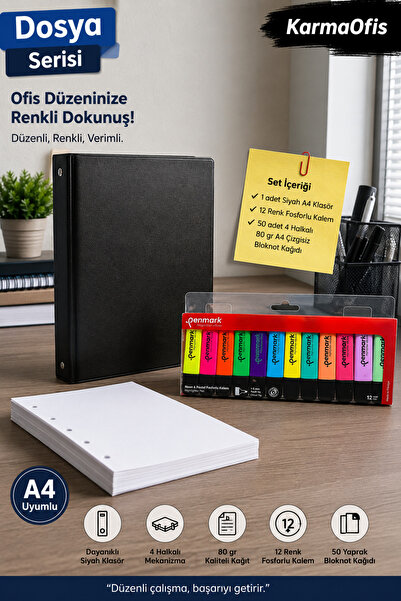 KarmaOfis A4 4-Ring Black Folder Set – 6 Neon 6 Pastel 12 Color Highlighters ...
