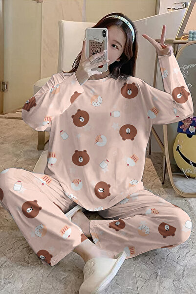 kuzey homewear Σετ Πιτζάμες με Μακριά Μανίκια Καφέ-Ροζ23 SuperSoft Basic Suprem