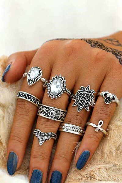 VeeShop Комплект от 9 бохо пръстена, със сърца, цветя, кристали, Анк и слънце