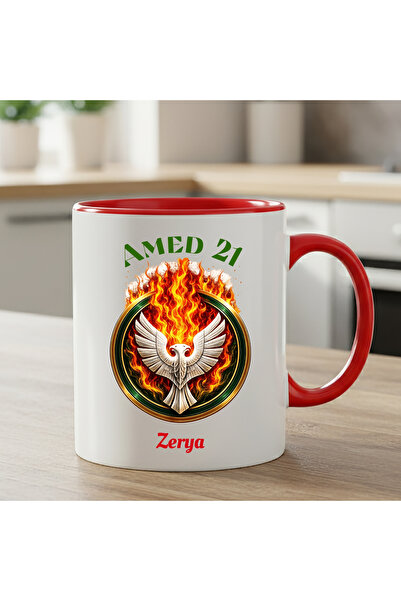 ZERYA İsme Özel Amed 21 Kartal ve Ateş Tasarımlı Taraftar Spor Kırmızı Renkli...