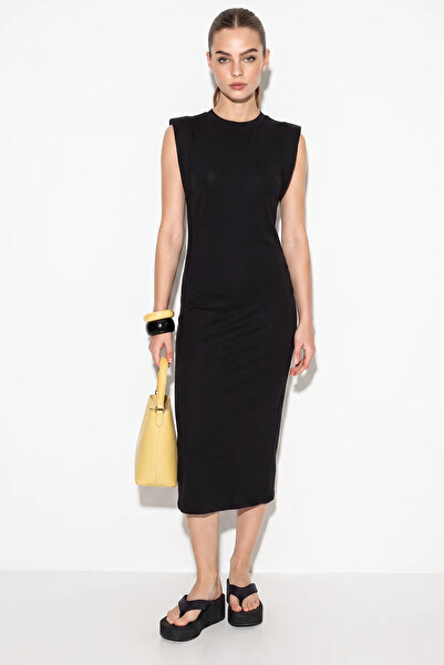 Efnaz style Women's Basic Summer Midi Knitted Black Dress