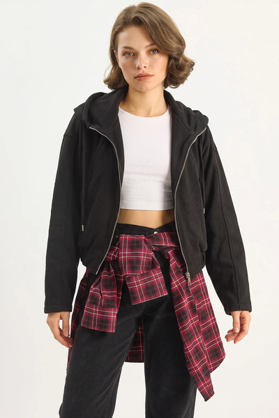 Efnaz style Women's Hooded Zippered Pocket Detailed Lined Suede Black Jacket
