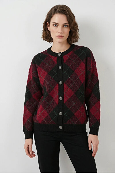Şeker Portakalım Women's Patterned Buttoned Knitwear Burgundy Cardigan