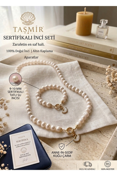 Taşmir Sertifikalı 9-10 mm Doğal Tatlı Su İncisi Kolye & Bileklik Seti - Altı...