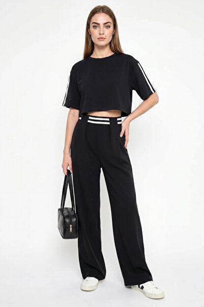 Şeker Portakalım Women's Stripe Detailed Crop Blouse High Waist Modal Black Set