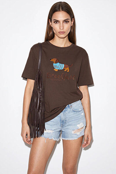 Efnaz style Women's Crew Neck Embroidered and Beaded Oversize T-Shirt Brown