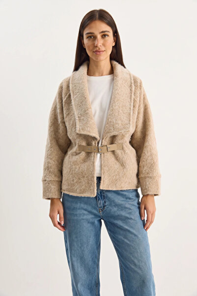 Efnaz style Women's Belted Lined Felt Beige Jacket Coat