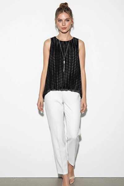 Efnaz style Women's Polka Dot Pleated Black Blouse with Metal Pendant Accesso...
