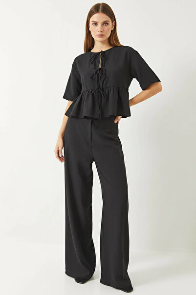 Şeker Portakalım Women's Tie-Detail Short-Sleeved Black Blouse and Pants Set