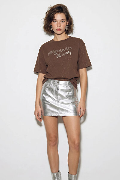 Şeker Portakalım Women's Silvery Stone Text Printed Crew Neck Oversize Basic ...