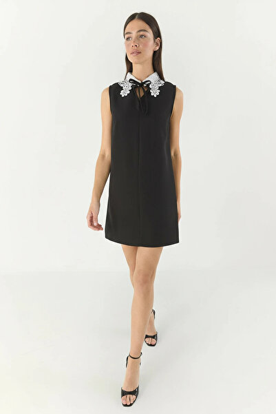 Efnaz style Women's Lace Collar Bow Detailed Mini Black Dress