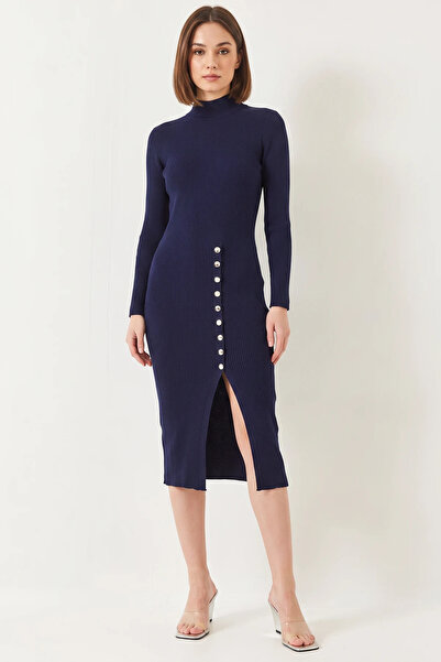 Efnaz style Women's Corded Buttoned Knitwear Navy Blue Dress