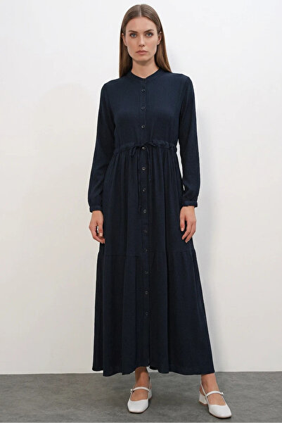 Efnaz style Women's High Collar Navy Blue Hijab Dress with Gathered Waist