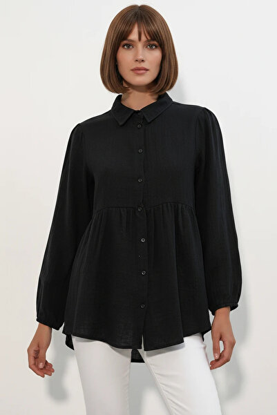 Efnaz style Women's Embossed Oversize Linen Black Shirt with Gathered Waist