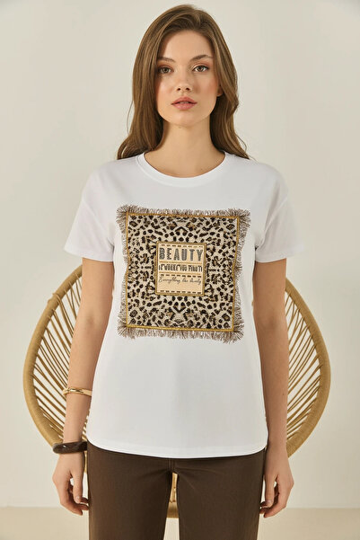 Şeker Portakalım Women's Crew Neck Short Sleeve Stone Printed Leopard Detaile...