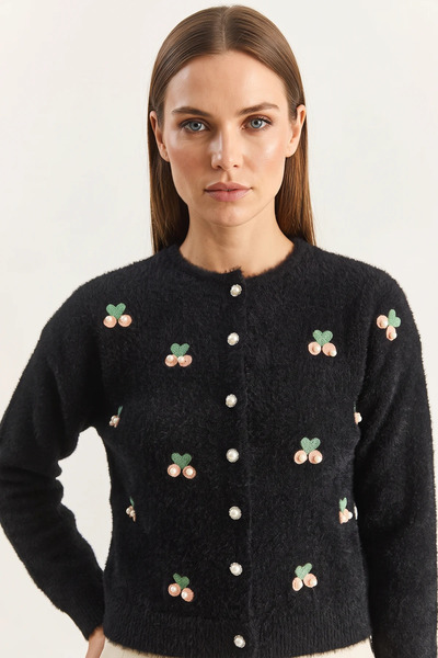 Efnaz style Women's Soft Textured Cherry Embroidered Knitwear Black Cardigan ...