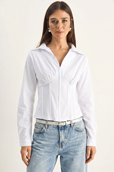 Efnaz style Women's Corset Detailed Back Tie Zippered White Shirt