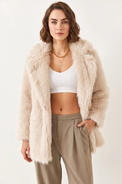 Efnaz style Women's Premium Faux Long Fur Beige Jacket