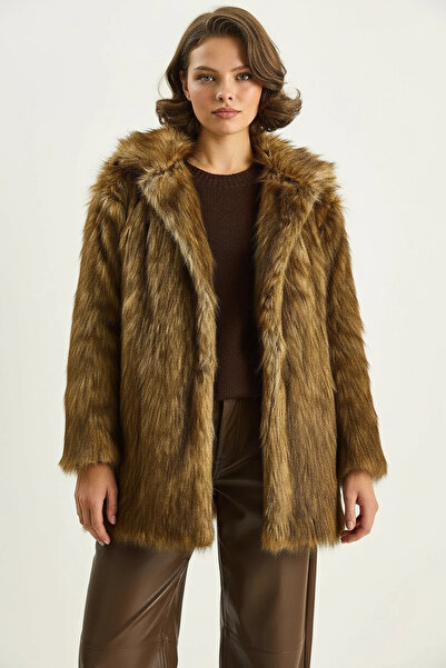 Generic Brand Women's Double-Breasted Collar Lined Faux Fur Araboy Camel Brow...