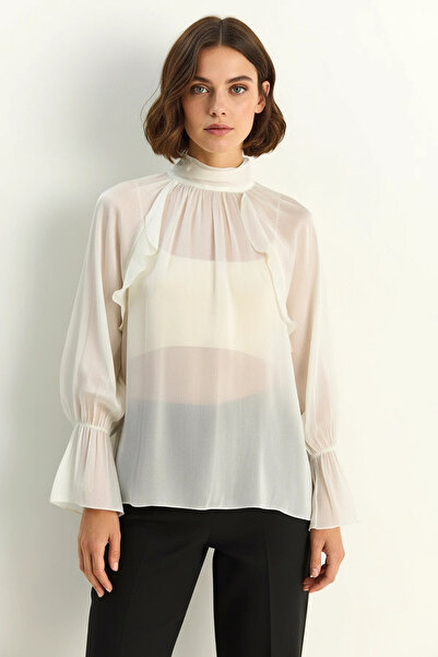 Generic Brand Women's Ruffle Detailed High Neck Shiny Chiffon Ecru Blouse