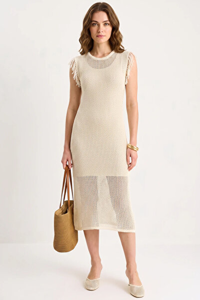 Generic Brand Women's Openwork Sleeve Detailed Lined Knitwear Ecru Dress